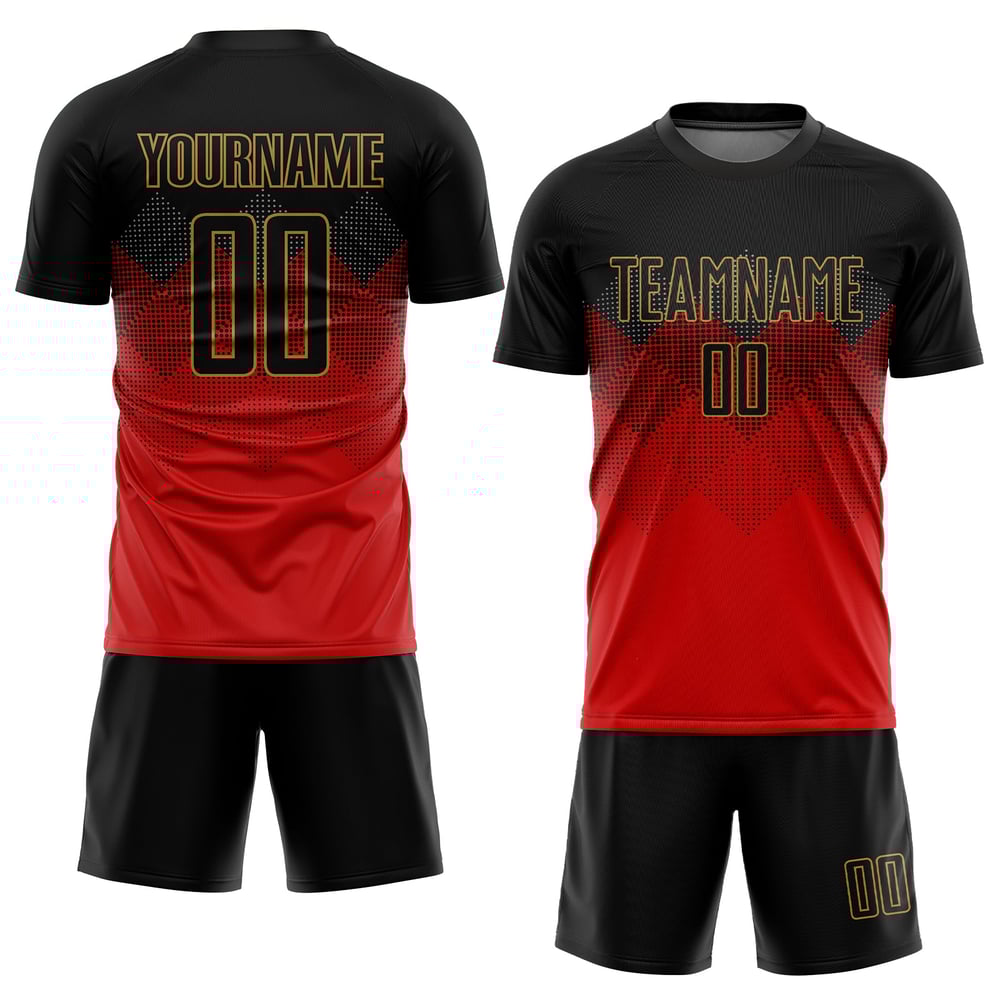 Maglia da calcio personalizzata con stampa a sublimazione rosso nero-oro antico