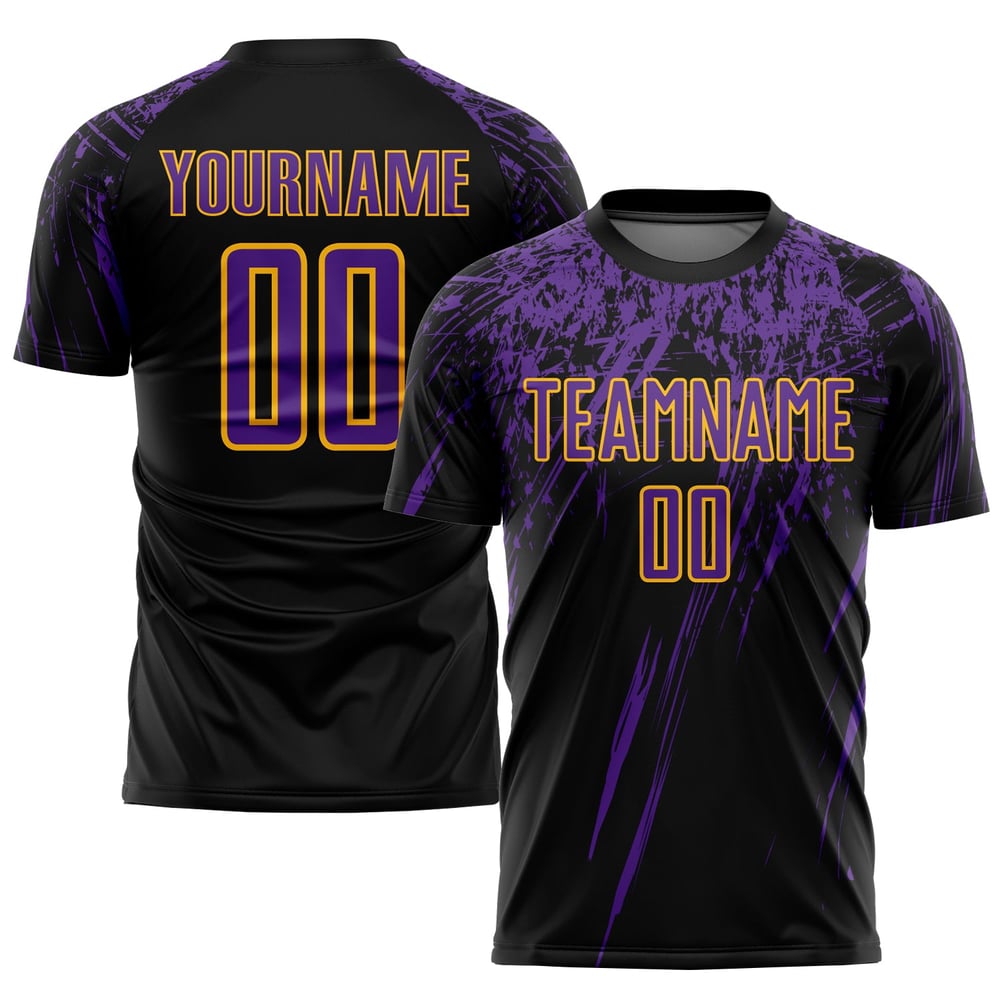Black Custom Jersey Soccer Sublimation Purple-Gold Uniform