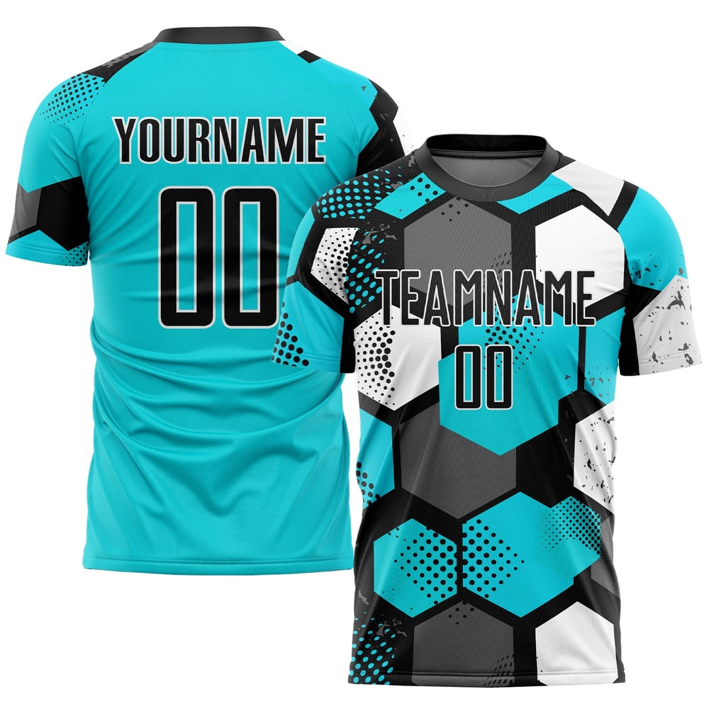 Sublimation Jersey Custom Black-White Soccer Aqua Uniform