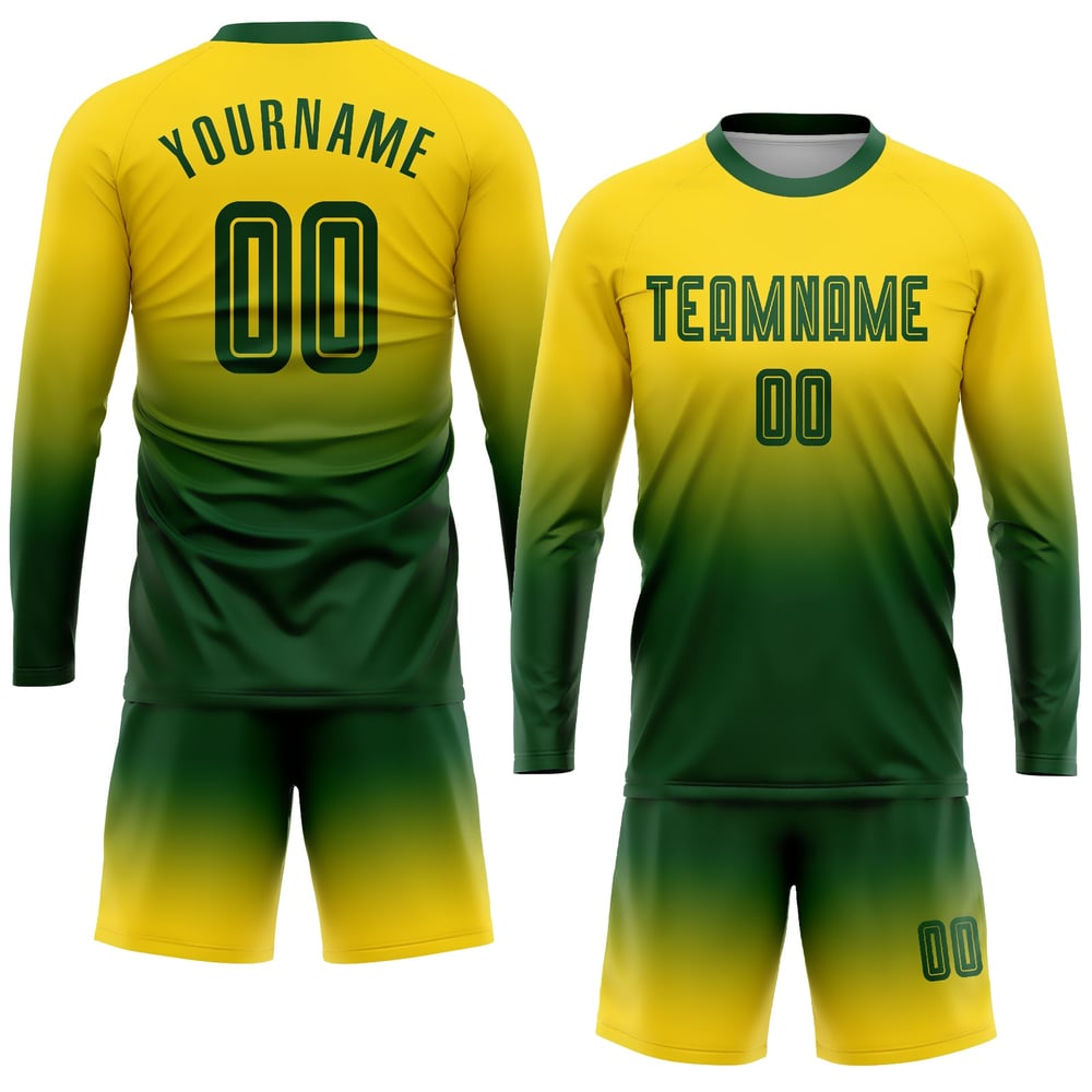 Camiseta de fútbol de manga larga dorada, sublimación, verde, personalizada, con degradado