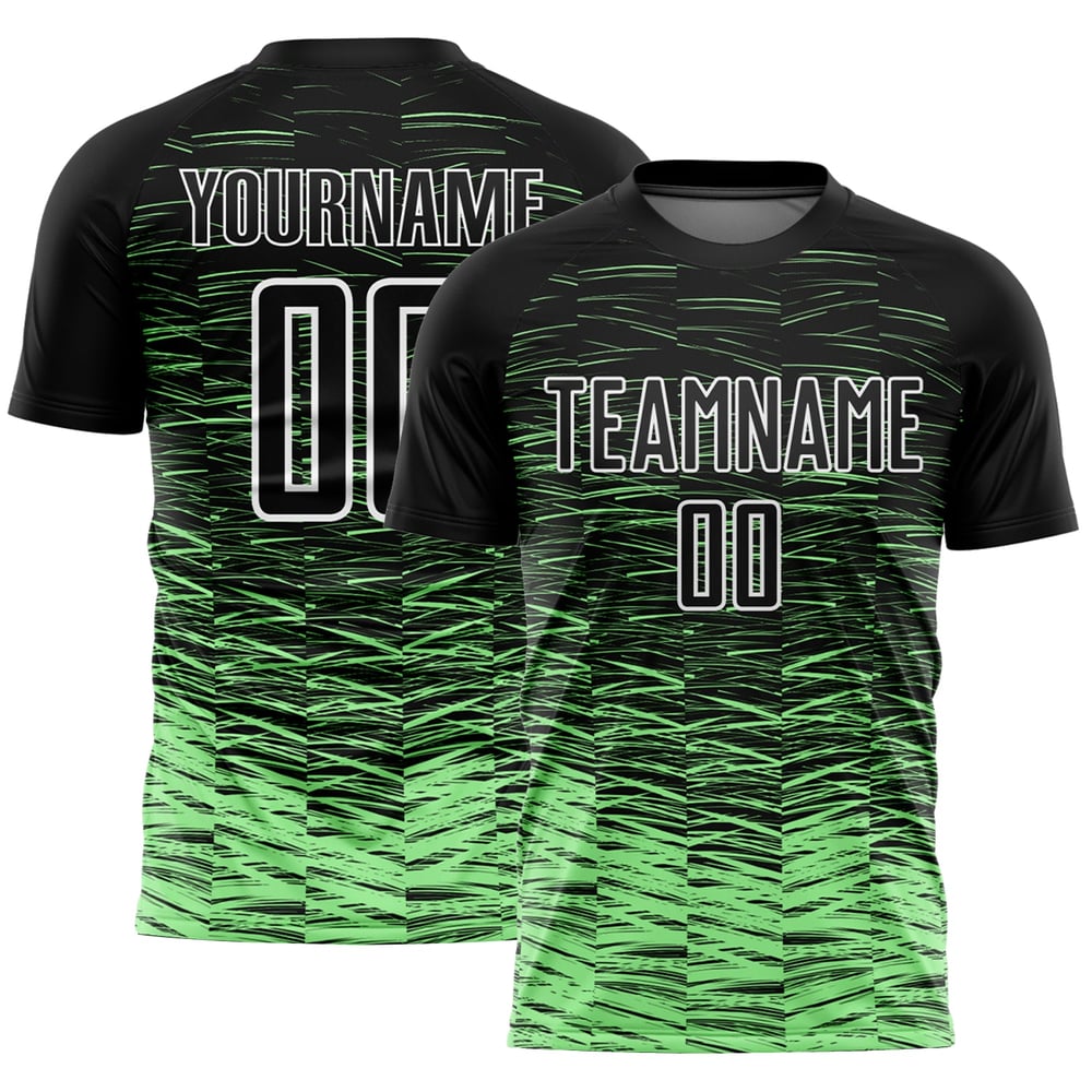 Camiseta de fútbol Pea personalizada negra, verde y blanca, línea de sublimación, uniforme