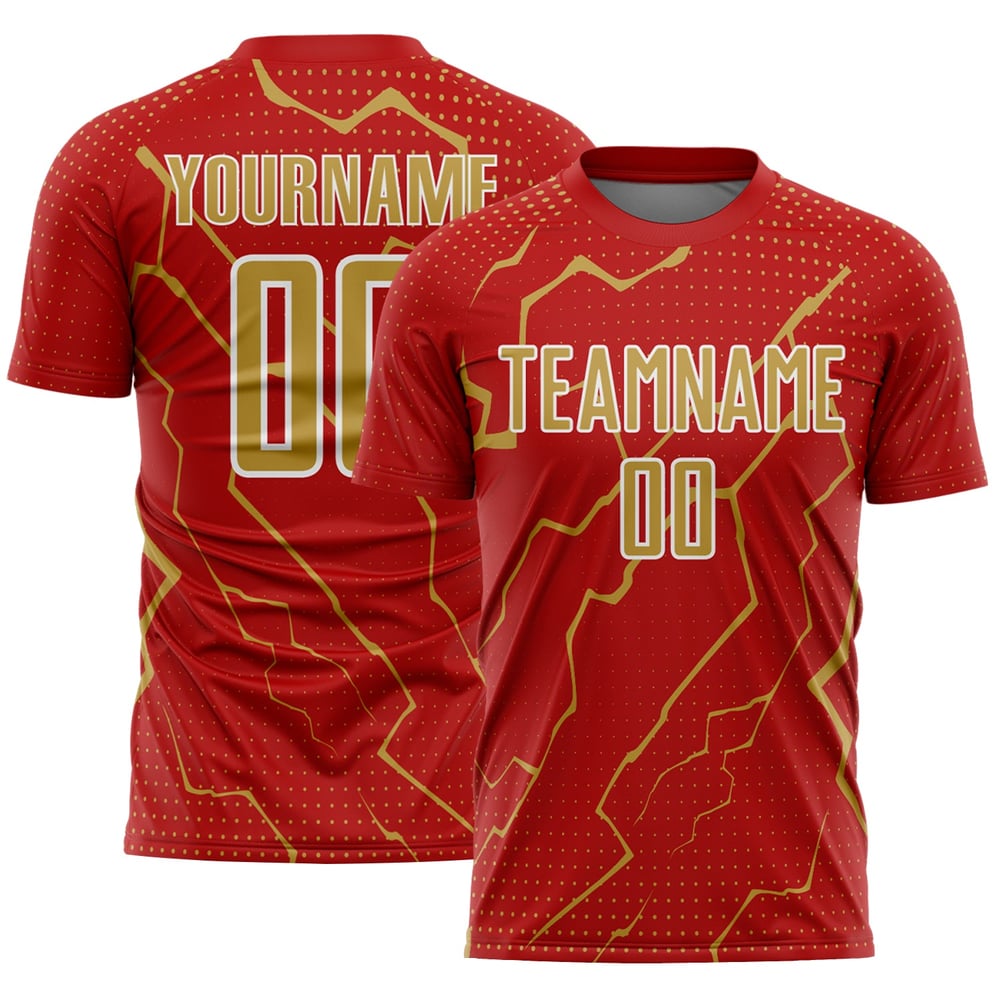Maglia da calcio personalizzata in oro e bianco con stampa sublimatica Lightning Old Jersey Sports Red