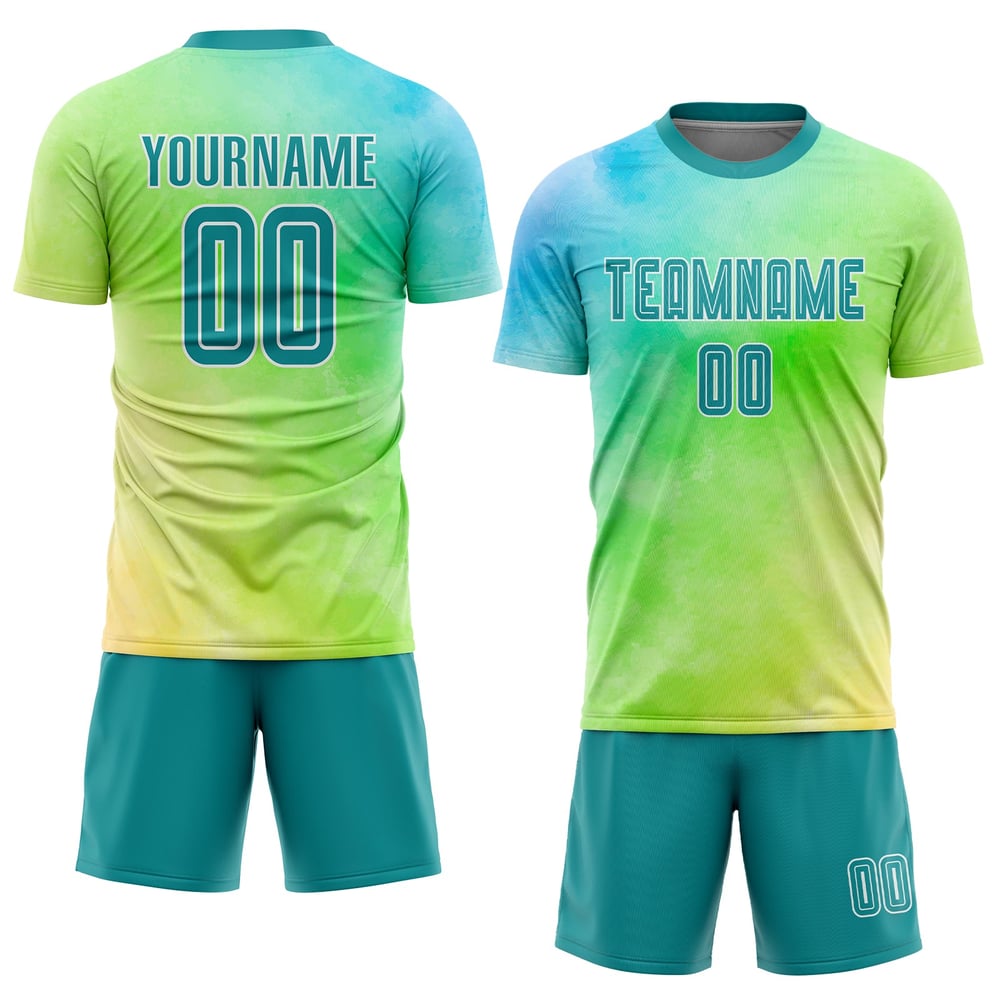 Custom Dye Jersey Teal-White Soccer Tie Sublimation Uniform