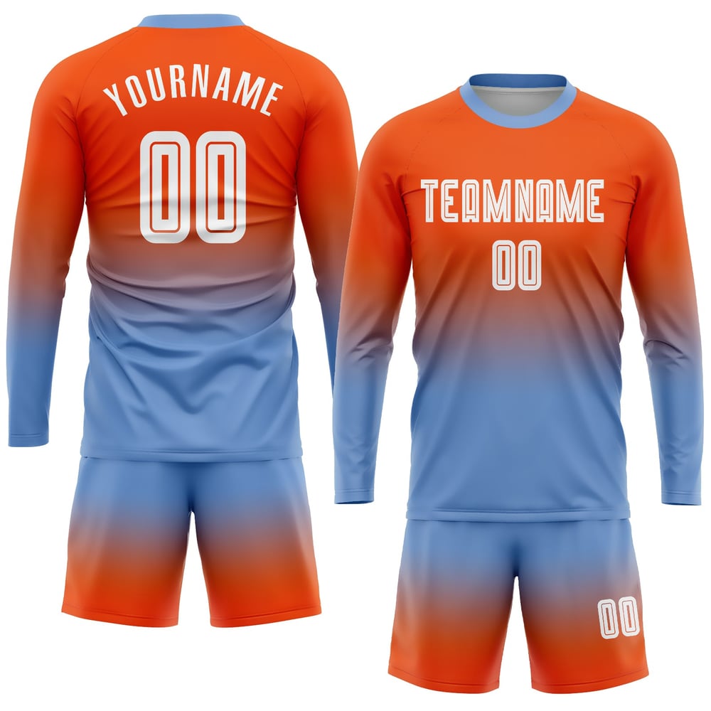 Camiseta naranja desteñida personalizada de fútbol azul de moda sublimación uniforme blanco-claro largo