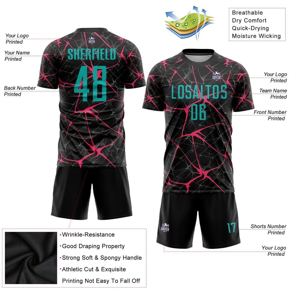 Soccer Jersey Custom Black Aqua-Neon Sublimation Pink Uniform
