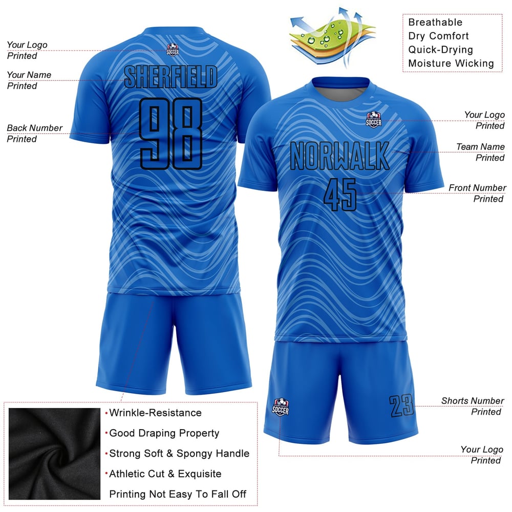 Lines Uniform Sky Wavy Custom Blue Soccer Sublimation Black Jersey