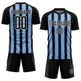 Camiseta de fútbol personalizada con sublimación de líneas azul claro y blanco y negro