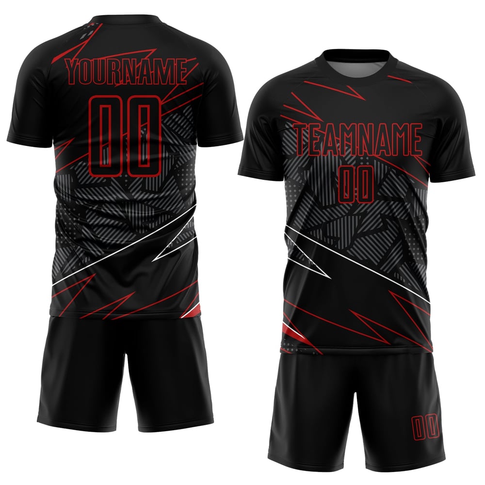 Camiseta de fútbol personalizada con sublimación negra y roja