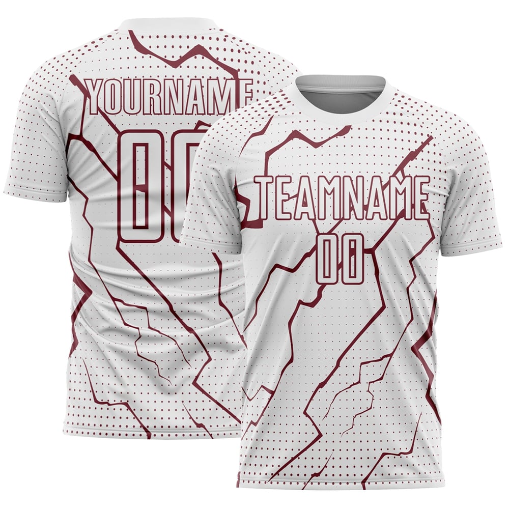 Maglia da calcio personalizzata con stampa sublimatica, colore bordeaux, colore bianco e nero.