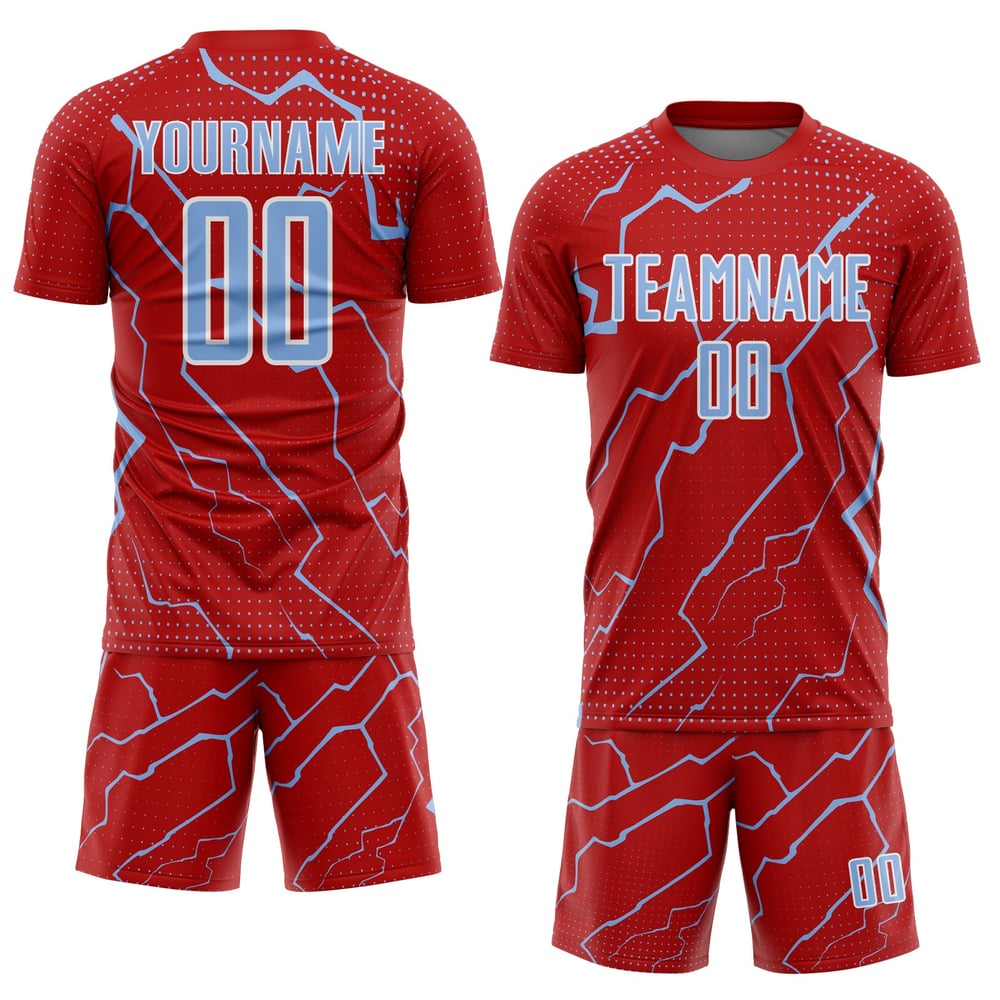 Maglia da calcio personalizzata con stampa sublimatica blu-bianca, uniforme sportiva, rosso fulmine