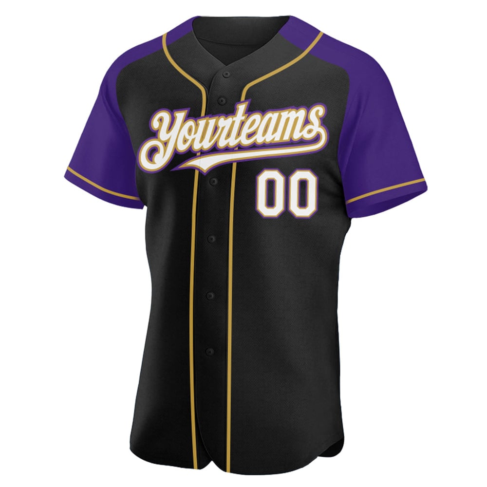 Custom Gold Jersey White Sleeves Raglan Purple-Old Black Authentic Baseball