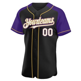 Custom Gold Jersey White Sleeves Raglan Purple-Old Black Authentic Baseball
