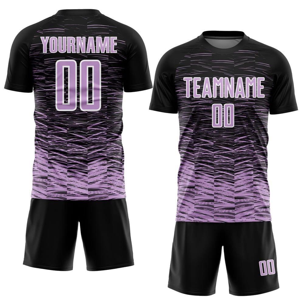 Uniforme de sublimación de camiseta personalizada ligera, morado, blanco y negro, línea de fútbol