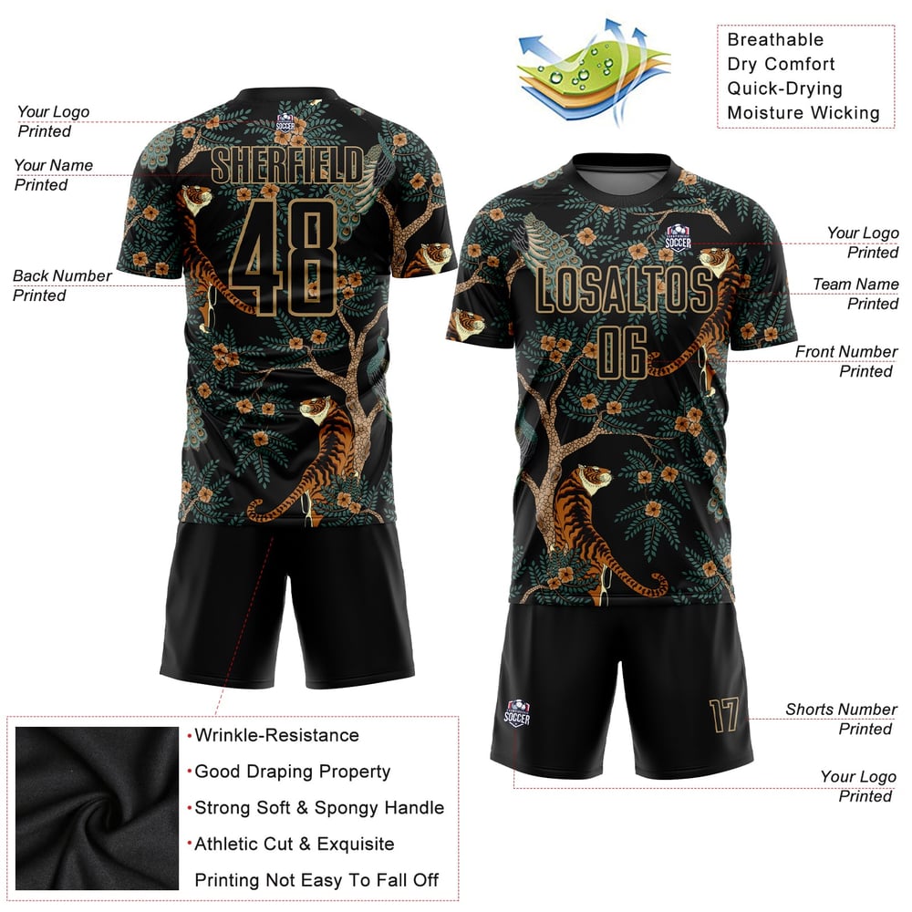 Old Sublimation Custom Tiger And Jersey Peacock Uniform Black Gold Soccer