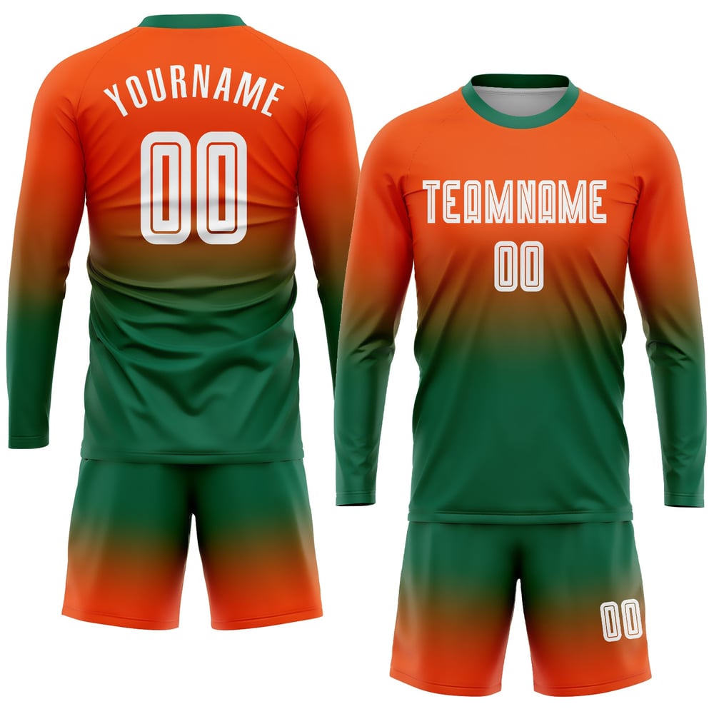 Maillot de football personnalisé à manches longues, orange, blanc et vert Kelly, imprimé par sublimation