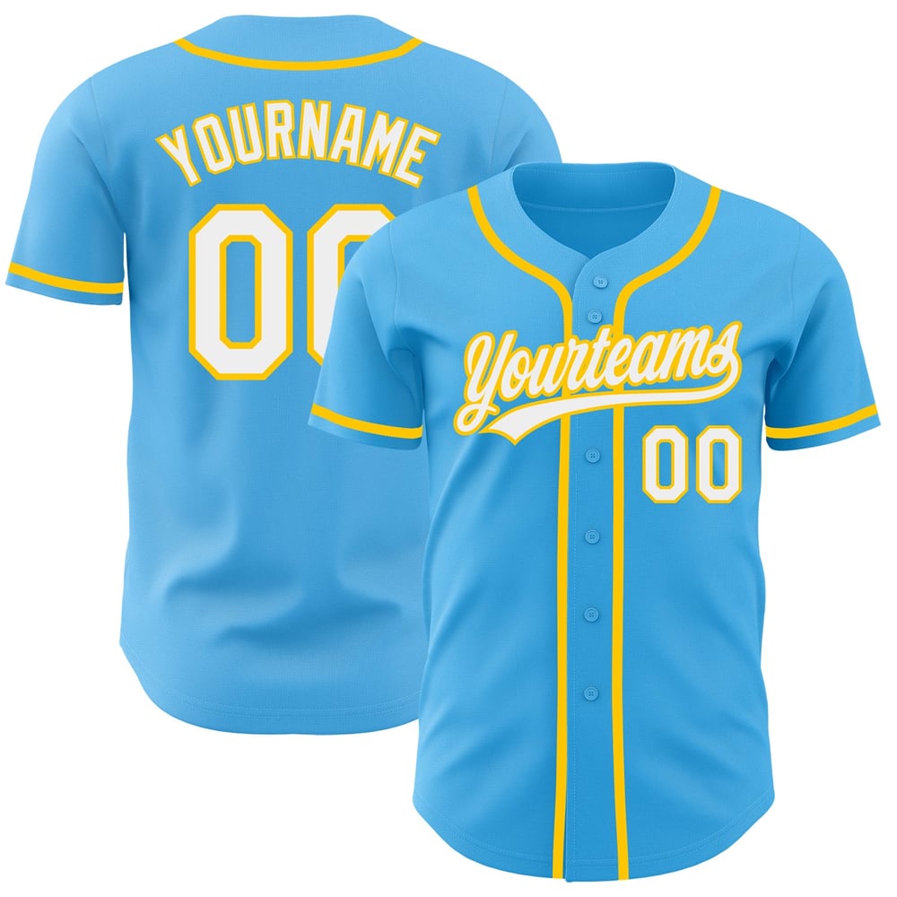 Camiseta de béisbol auténtica personalizada en blanco y amarillo, color azul cielo
