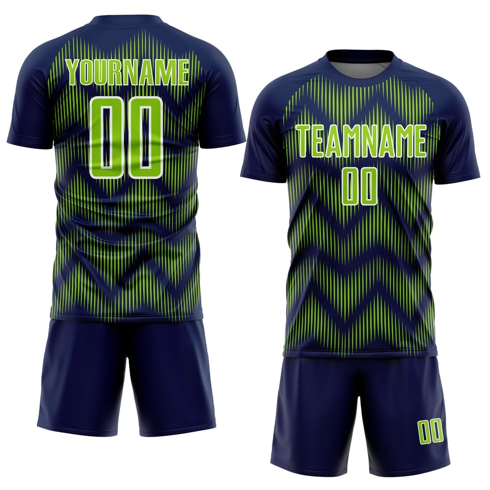 Uniforme personalizado de fútbol neón, línea de sublimación, verde, blanco y azul marino
