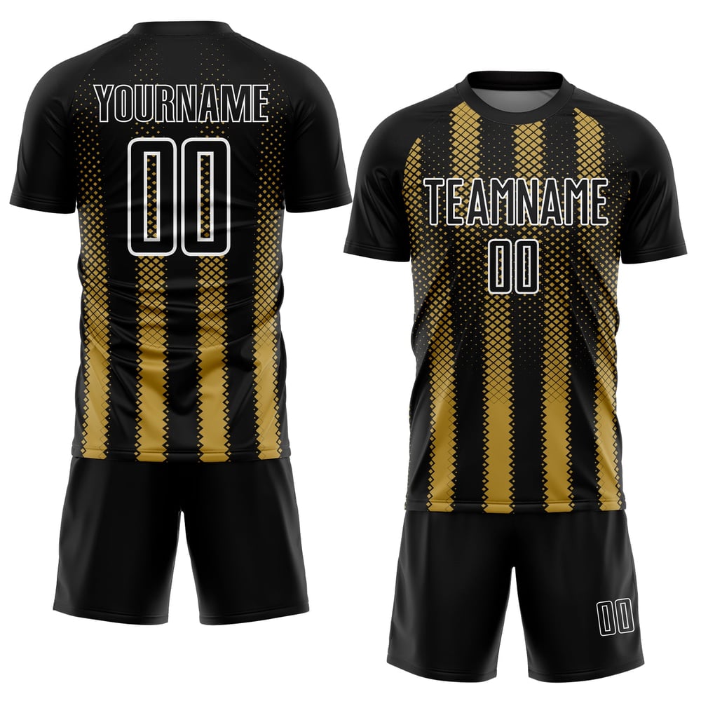 Sublimation Alte Form Geometrische Fußball Uniform Schwarz Gold-Weiß Custom Jersey