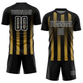Sublimation Alte Form Geometrische Fußball Uniform Schwarz Gold-Weiß Custom Jersey