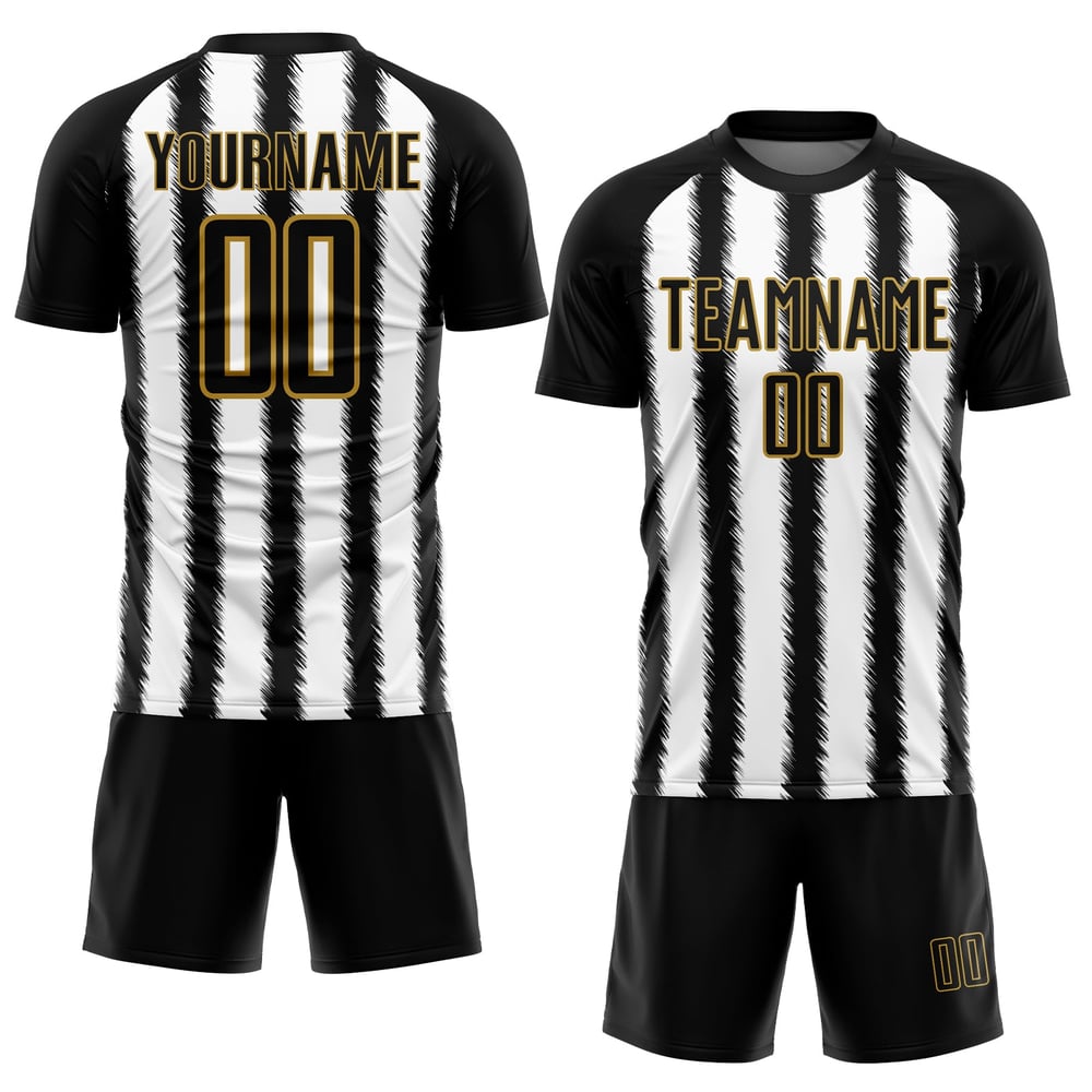 Camiseta de fútbol personalizada con sublimación de líneas en negro, blanco y dorado antiguo