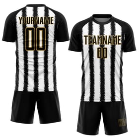 Camiseta de fútbol personalizada con sublimación de líneas en negro, blanco y dorado antiguo
