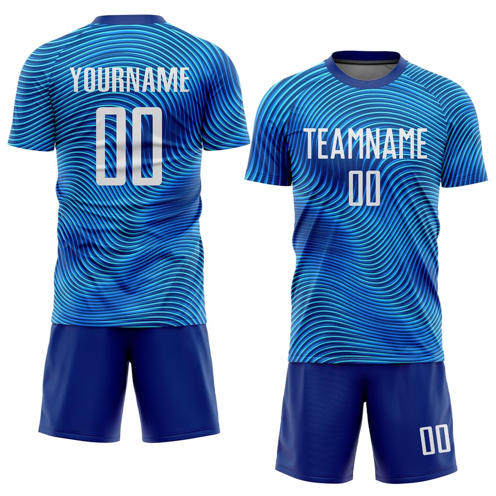 Maillot de football personnalisé bleu clair, blanc et bleu roi, sublimation