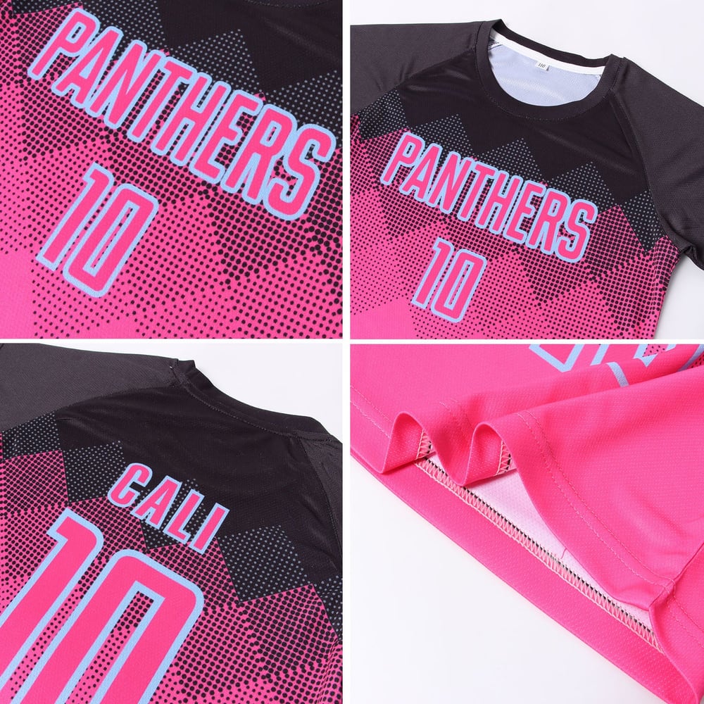 Black-LIght Sublimation Custom Jersey Soccer Uniform Pink Shape Blue Gradient Square