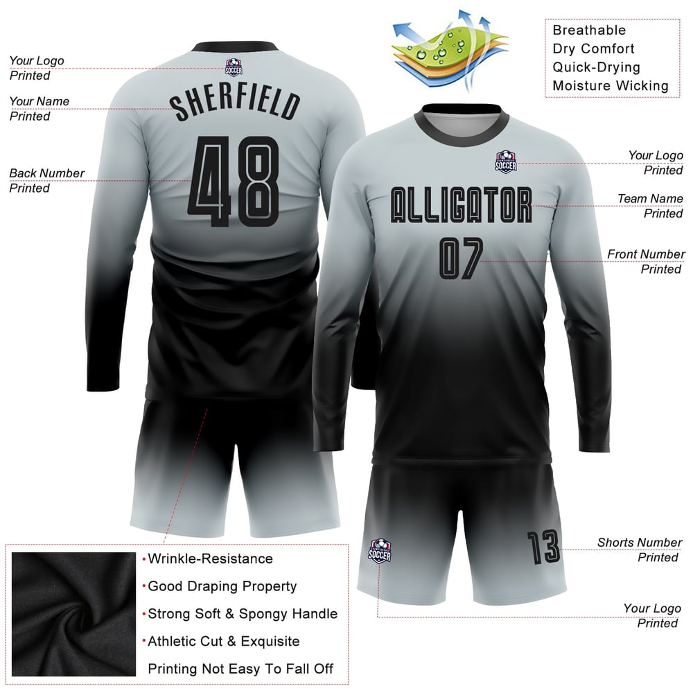 Fade Sublimation Long Black Silver Uniform Jersey Fashion Sleeve Soccer Custom