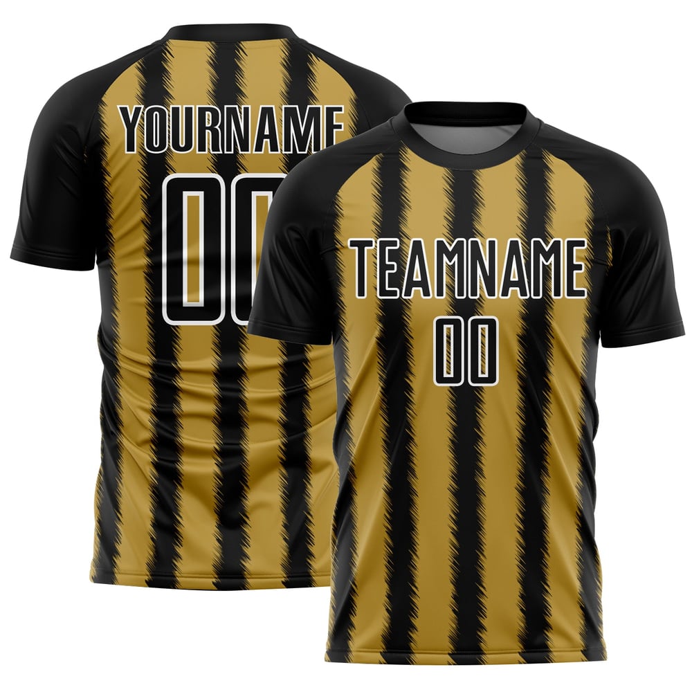 Camiseta de fútbol personalizada con sublimación de líneas blancas y negras, doradas y doradas antiguas