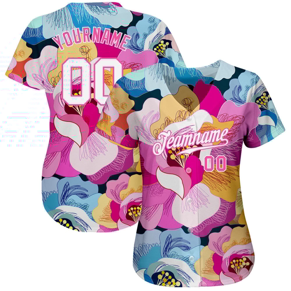 Maglia da baseball bianca e rosa con fiori 3D, motivo rosa autentico personalizzato