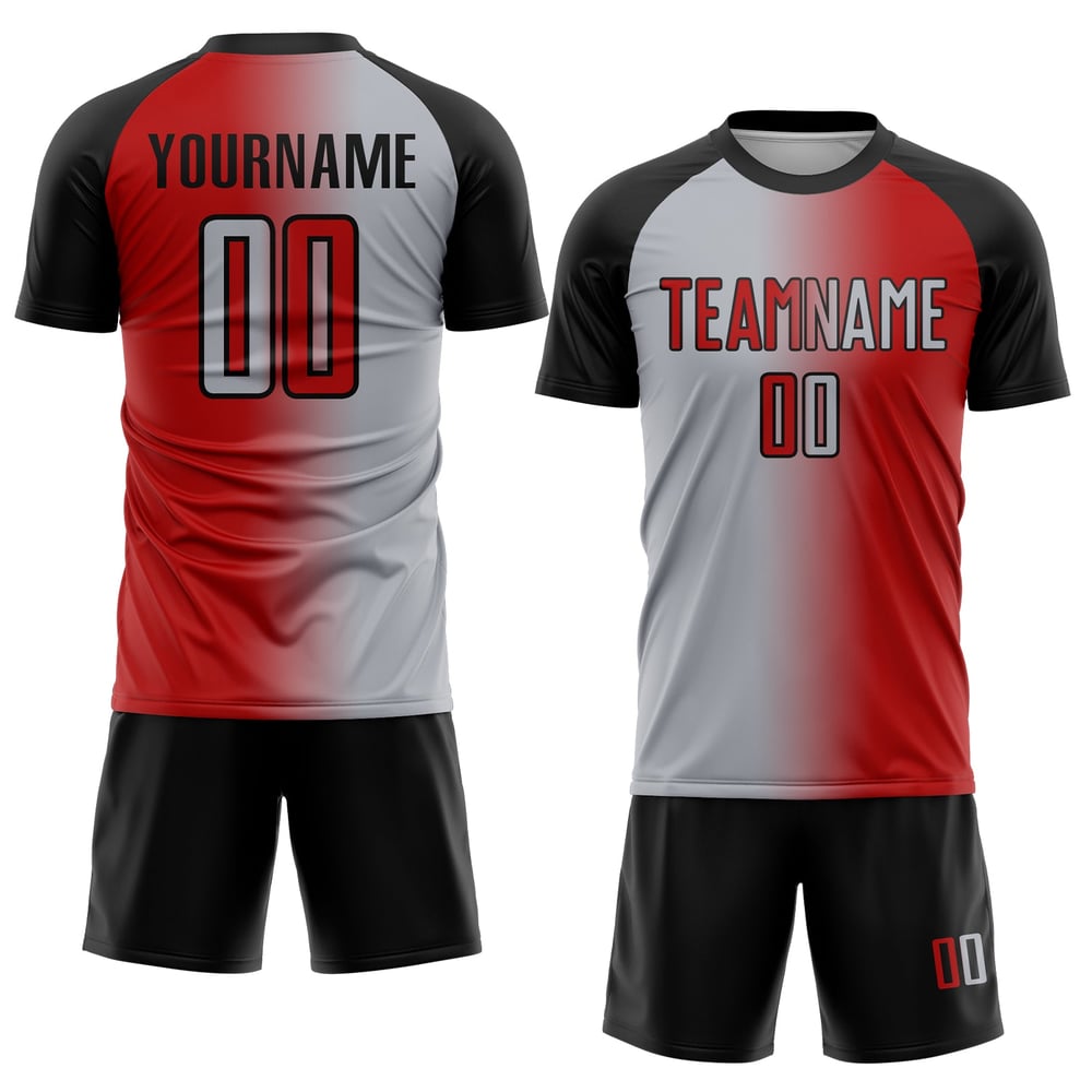 Mode Fußball Gradient Grau-Schwarz Sublimation Jersey Custom Rot Uniform