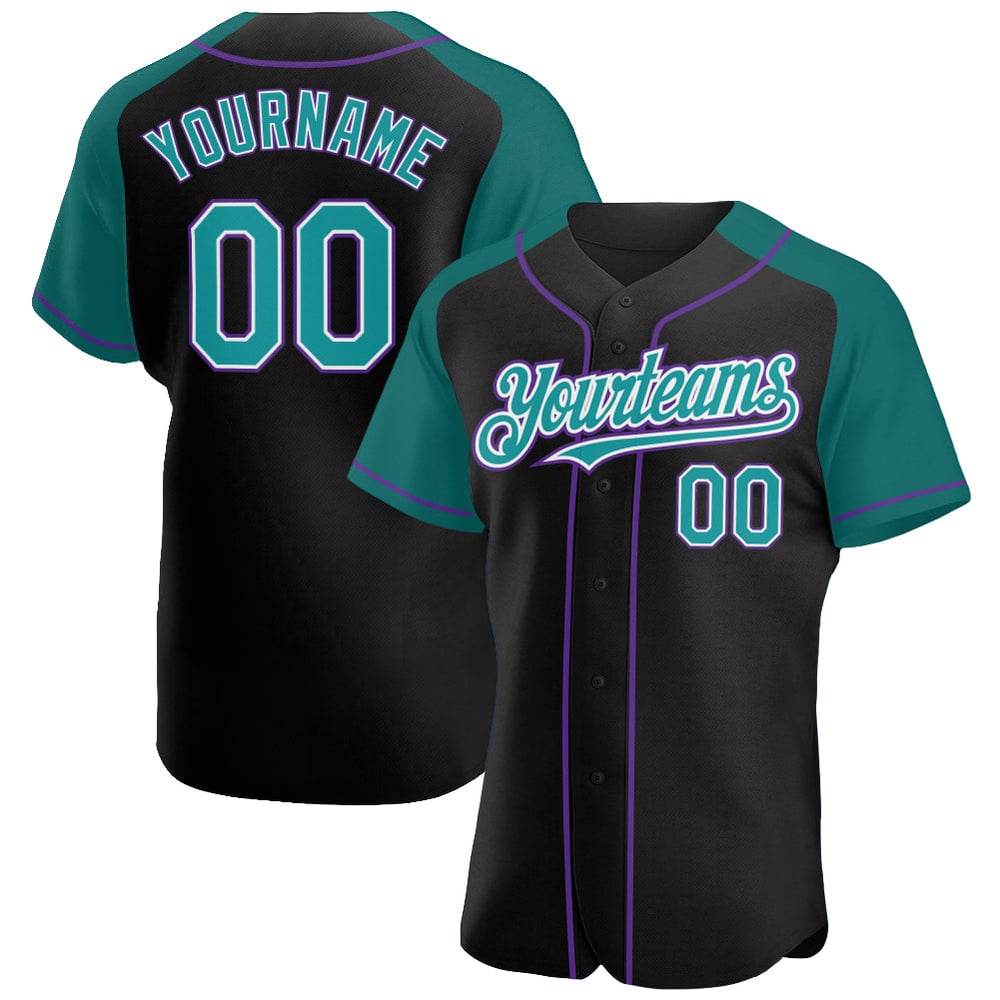 Camiseta de béisbol personalizada con mangas raglán, color verde azulado y morado, auténtica y negra