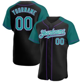 Camiseta de béisbol personalizada con mangas raglán, color verde azulado y morado, auténtica y negra