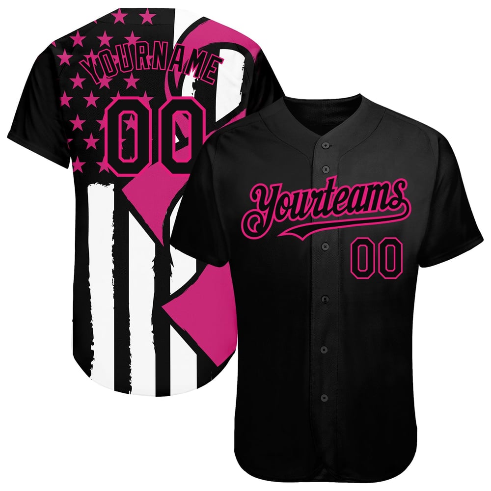 Camiseta de béisbol para mujer, mes del lazo rosa y blanco, con estampado 3D de cáncer de mama, color rosa, concientización, auténtica, negra y personalizada.