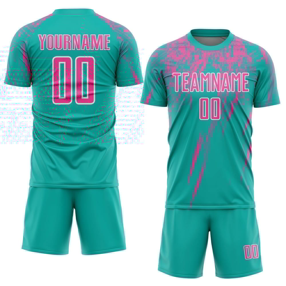 Soccer Custom Sublimation Aqua Jersey Uniform Pink-White
