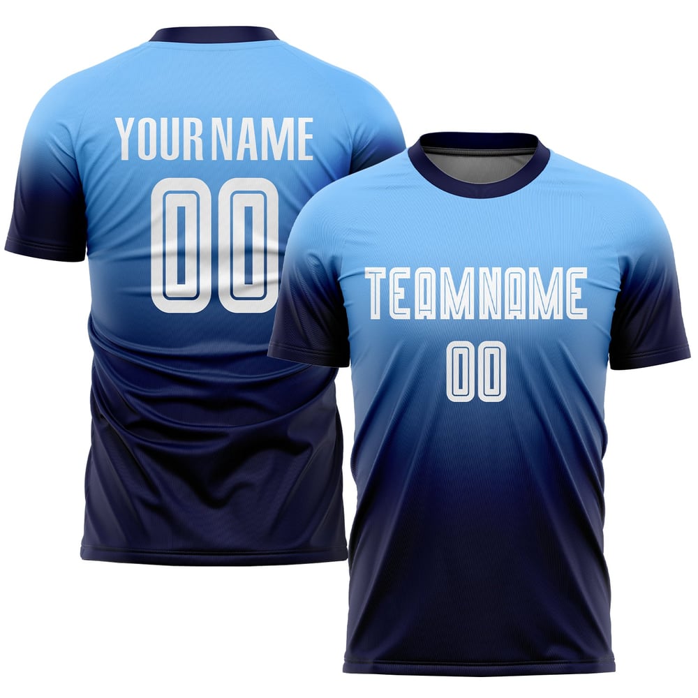 Custom Fashion White-Navy Jersey Fade Soccer Sublimation Uniform Blue Light