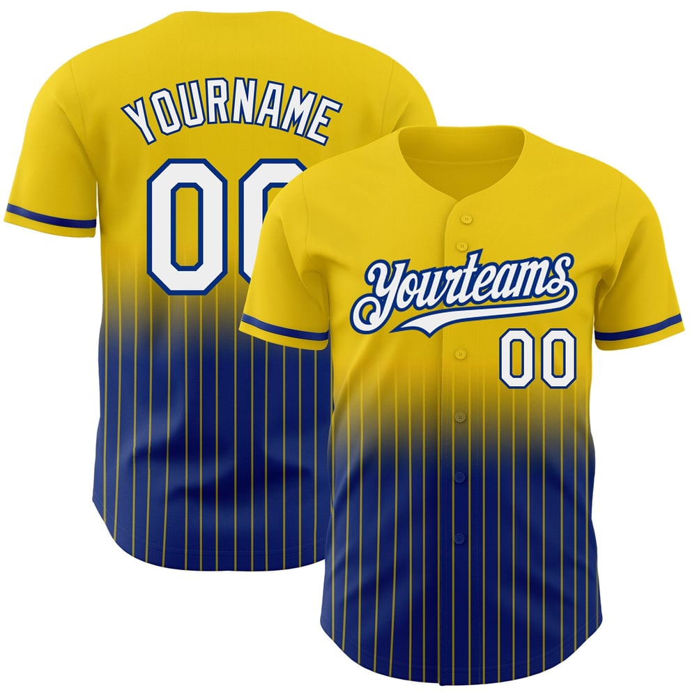 Camiseta de béisbol personalizada de rayas blancas y azules auténticas con degradado amarillo