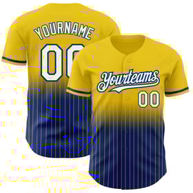 Camiseta de béisbol personalizada de rayas blancas y azules auténticas con degradado amarillo
