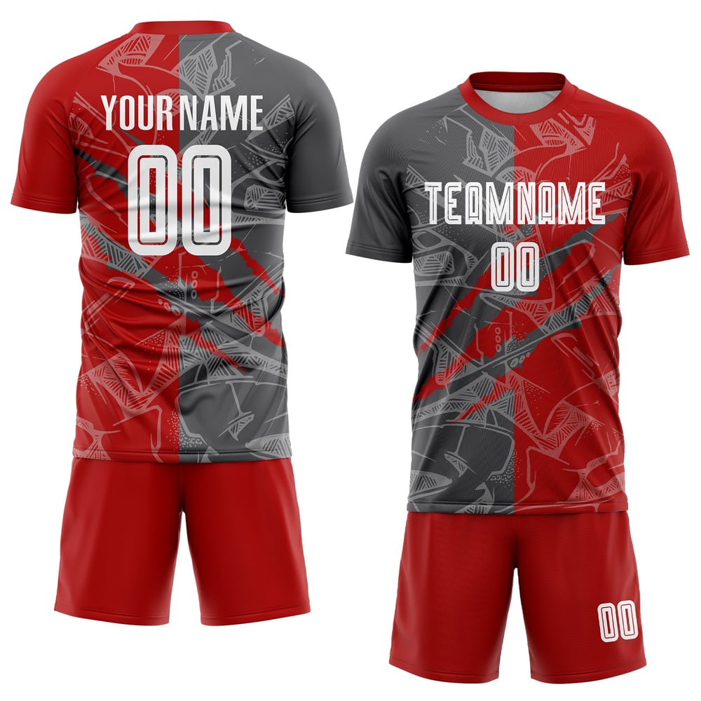 Uniforme de fútbol con estampado de grafiti, camiseta de sublimación personalizada en gris, color rojo y acero