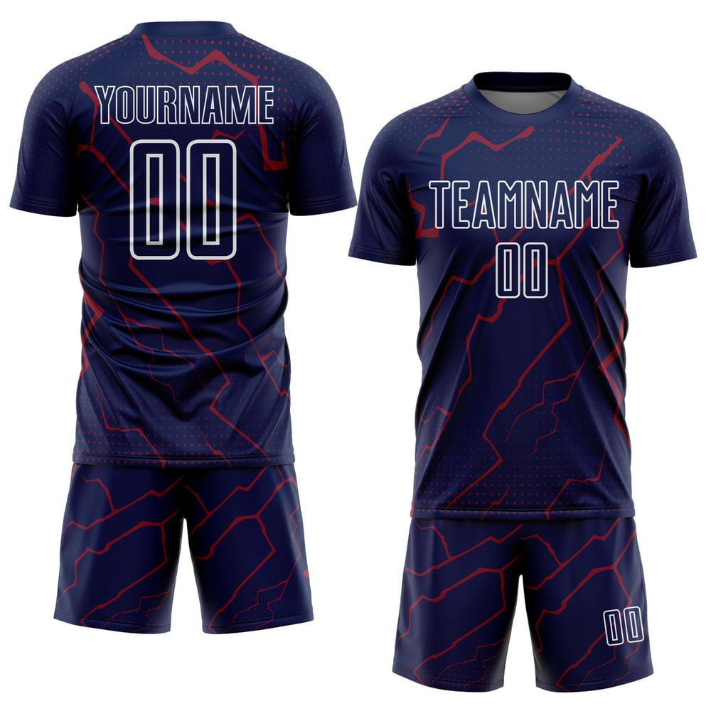 Maglia da calcio sportiva stampata a sublimazione Lightning Uniform Crimson-White Custom Navy