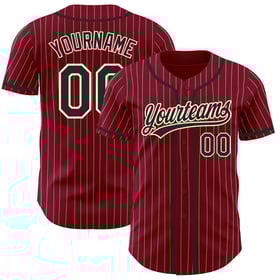 Camiseta de béisbol a rayas auténtica, color crema, personalizada, color carmesí y negro