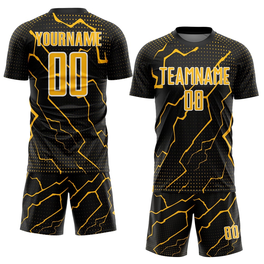 Maglia da calcio personalizzata Lightning Black Gold-White con stampa sublimatica uniforme