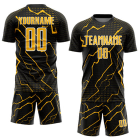Maglia da calcio personalizzata Lightning Black Gold-White con stampa sublimatica uniforme