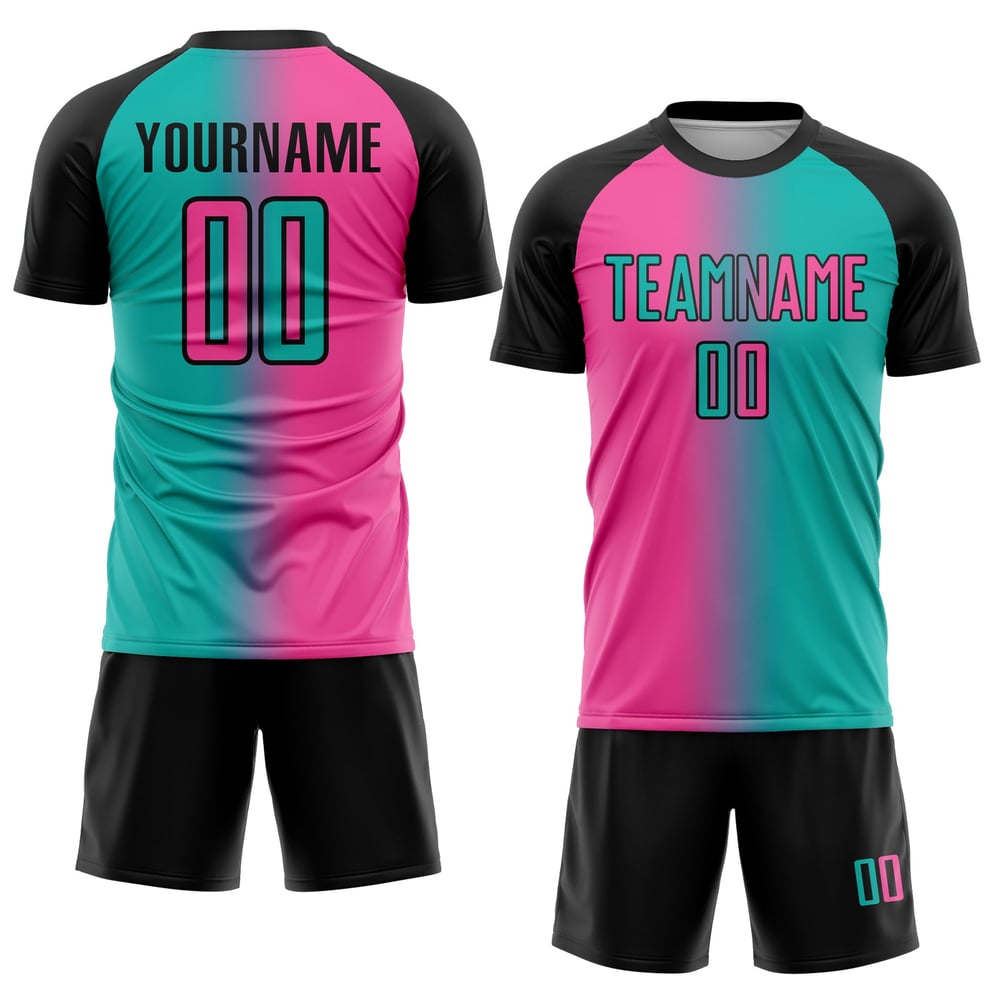 Mode Uniform Aqua Benutzerdefinierte Gradienten Rosa-Schwarz Jersey Sublimation Fußball