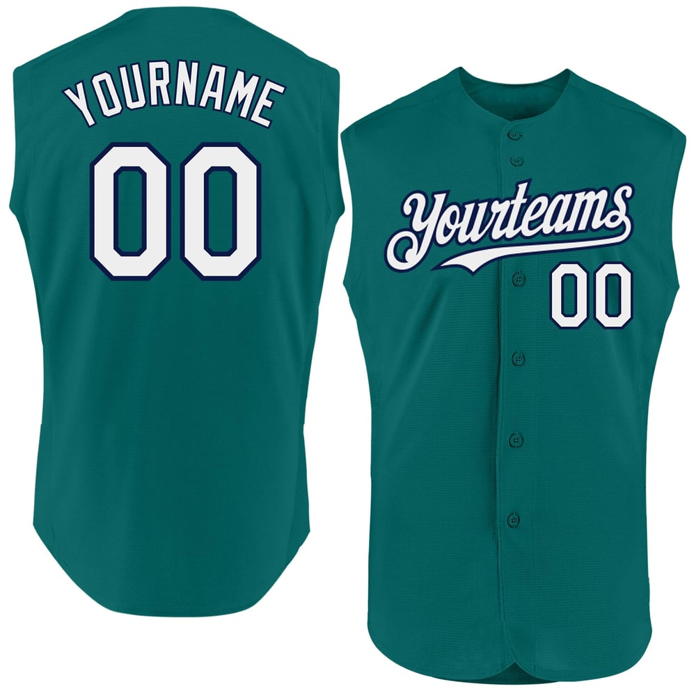 Jersey White-Navy Sleeveless Baseball Authentic Teal Custom