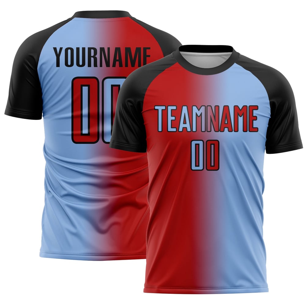 Gradient Soccer Light Jersey Custom Uniform Sublimation Rot-Schwarz Fashion Blau