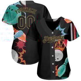 Camiseta personalizada con diseño dorado y patrón de bolos negro 3D, auténtica y antigua.
