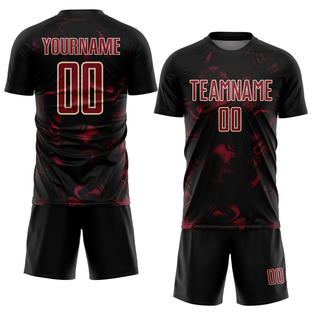 Schwarze Fußballuniform Abstraktes Trikot Liquid Crimson-Creme Sublimation Custom