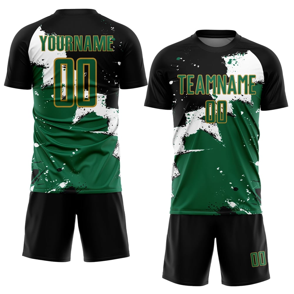 Uniforme Kelly Soccer Spalsh Jersey Negro Dorado Sublimación Personalizada Verde-Viejo