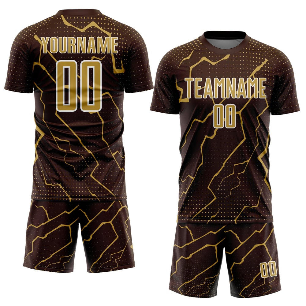 Maglia da calcio sportiva marrone anticata con stampa sublimatica personalizzata Lightning Gold-White